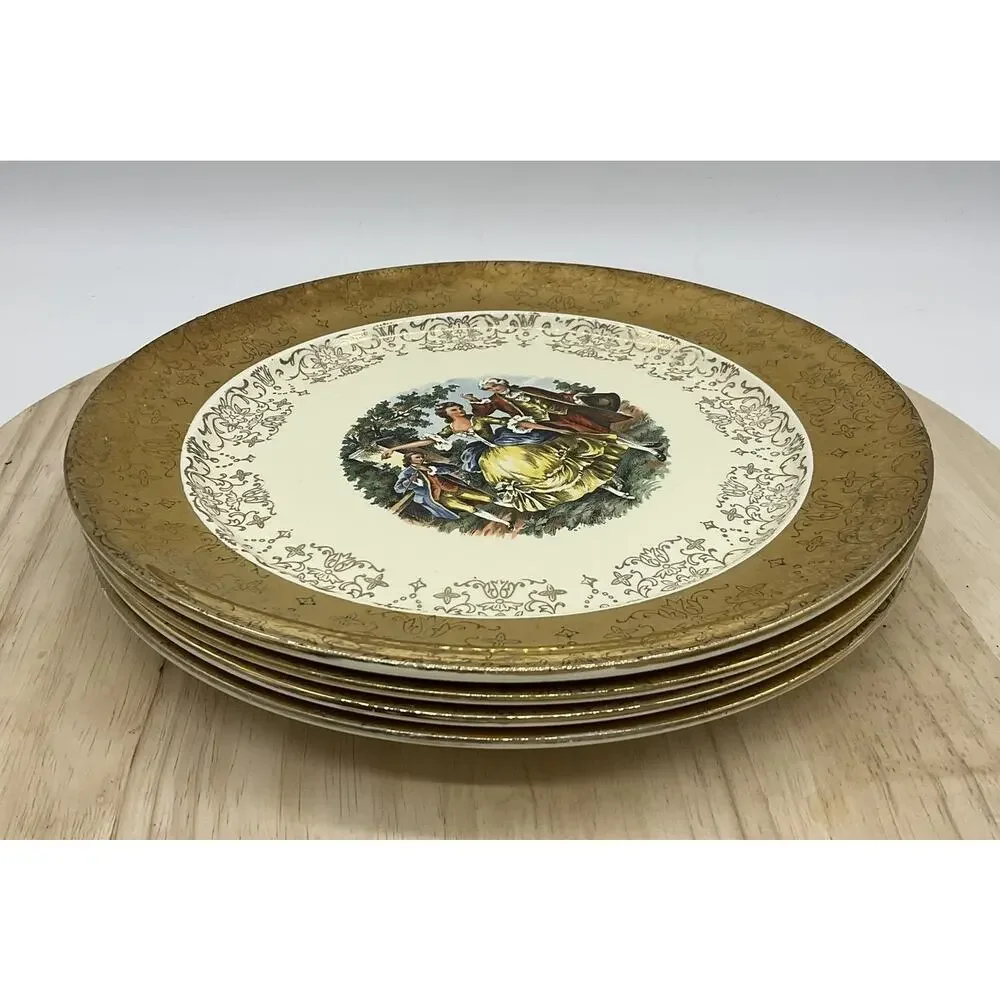 Vintage Sabin Crest-O-Gold Dinner Plates Set 4 Gold Courting Couple Rococo USA‎
